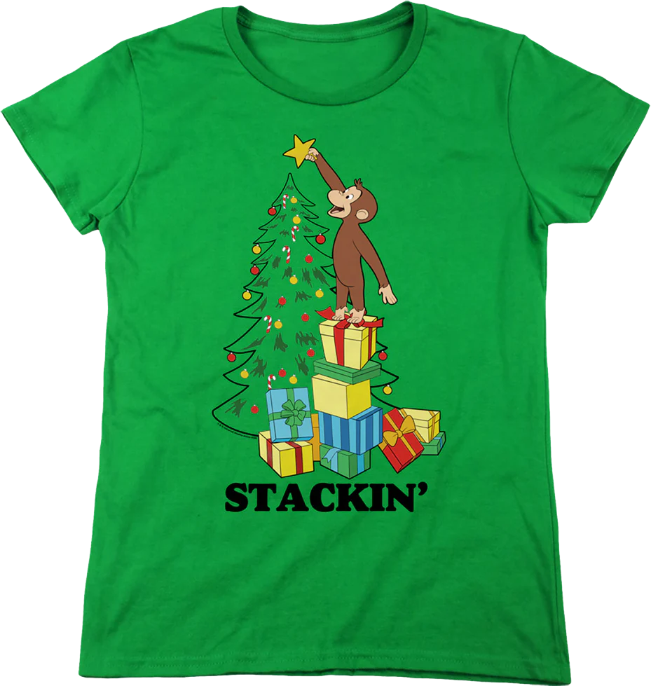 Womens Stackin' Curious George Christmas Shirt - Image 2