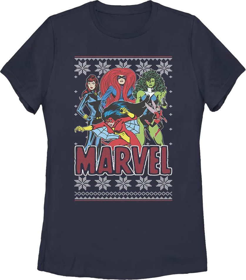 Womens Super Heroines Faux Ugly Christmas Sweater Marvel Comics Shirt